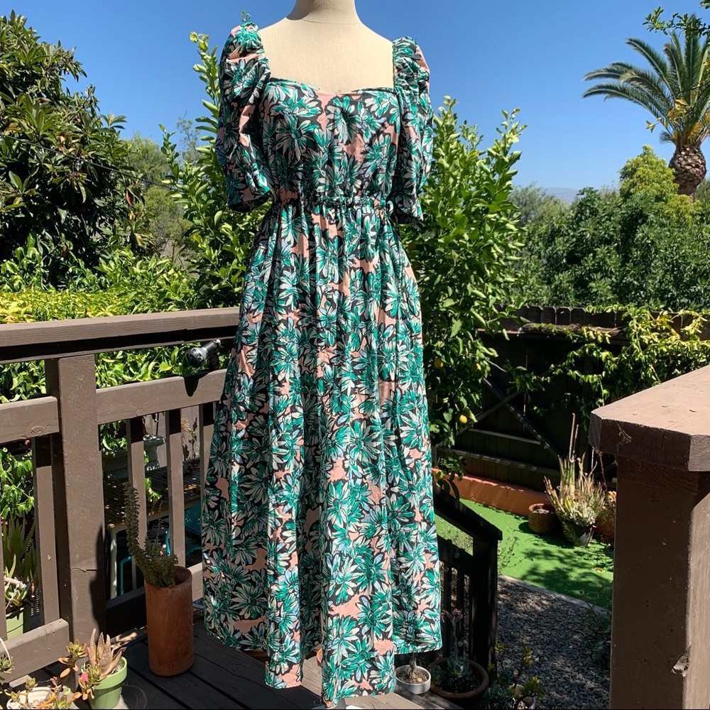 Blogger Favorite ZARA Green & Pink Floral Side Cut-Out Puff Sleeve Midi Dress XS
